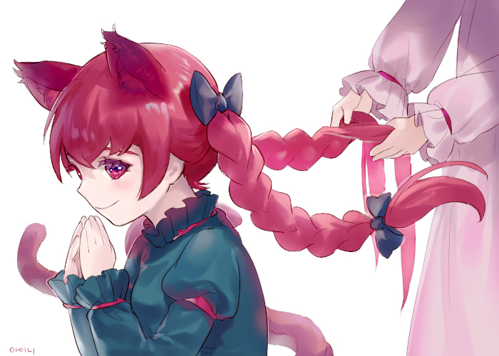 1girl adjusting_hair ainy77 animal_ears arm_garter black_bow blush bow braid braiding_hair cat_ears cat_tail closed_mouth commentary_request dress extra_ears from_side green_dress hair_bow hairdressing juliet_sleeves kaenbyou_rin long_sleeves looking_at_viewer multiple_tails nekomata out_of_frame puffy_sleeves red_eyes redhead smile solo_focus tail touhou twin_braids upper_body white_background