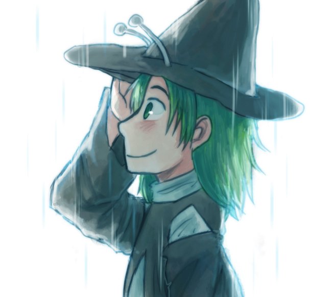 amanomori_shou androgynous antennae detached_sleeves green_eyes green_hair hat len'en rain short_hair solo turtleneck yamanoskk