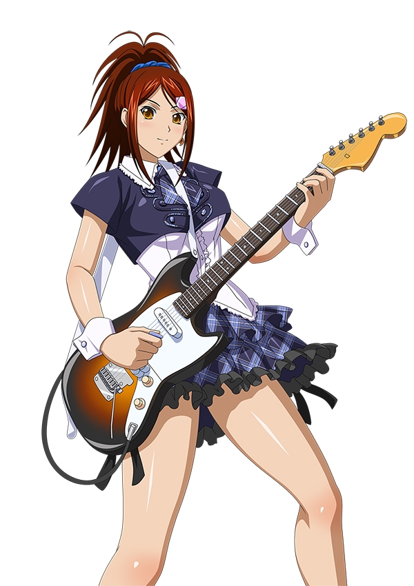 1girl bachou_mouki brown_eyes brown_hair guitar hair_ornament hair_scrunchie high_ponytail holding ikkitousen instrument long_hair looking_at_viewer scrunchie shiny shiny_skin simple_background smile solo white_background