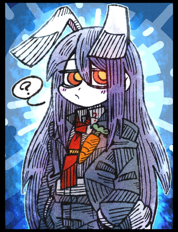 1girl ? animal_ears backlighting black_border blazer blue_background blush_stickers border bunny_tail carrot commentary extra_ears formal hair_between_eyes hands_in_pockets jacket line_shading long_hair long_sleeves looking_at_viewer necktie purple_hair rabbit_ears red_eyes red_necktie reisen_udongein_inaba solo spoken_question_mark suenari_(peace) tail touhou upper_body very_long_hair white_skin wing_collar