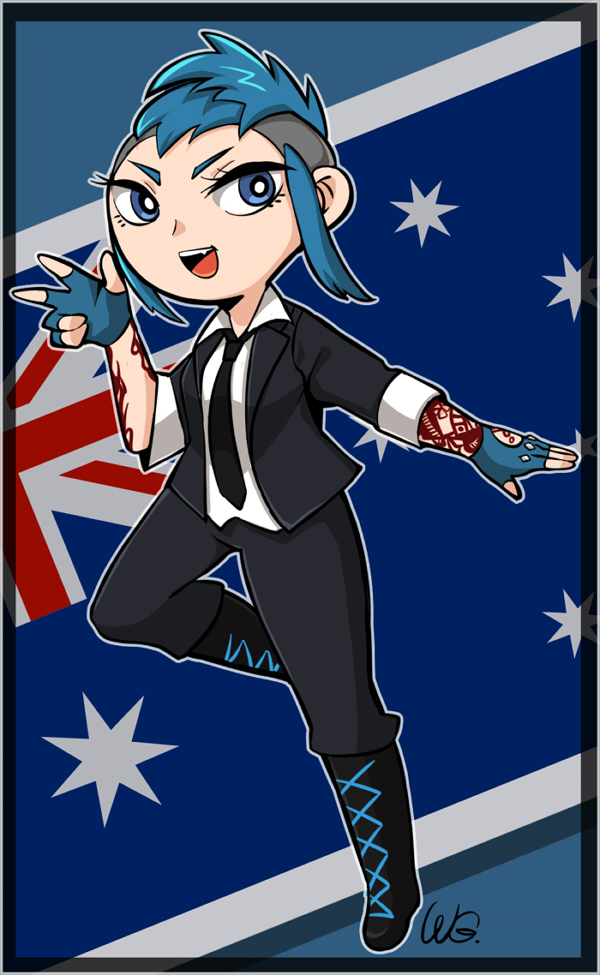 1girl australian_flag blue_eyes blue_gloves blue_hair boots commentary_request fang fingerless_gloves flag formal gloves looking_at_viewer mohawk payday_(series) payday_2 smile solo suit sydney_(payday) tattoo wagum_ra