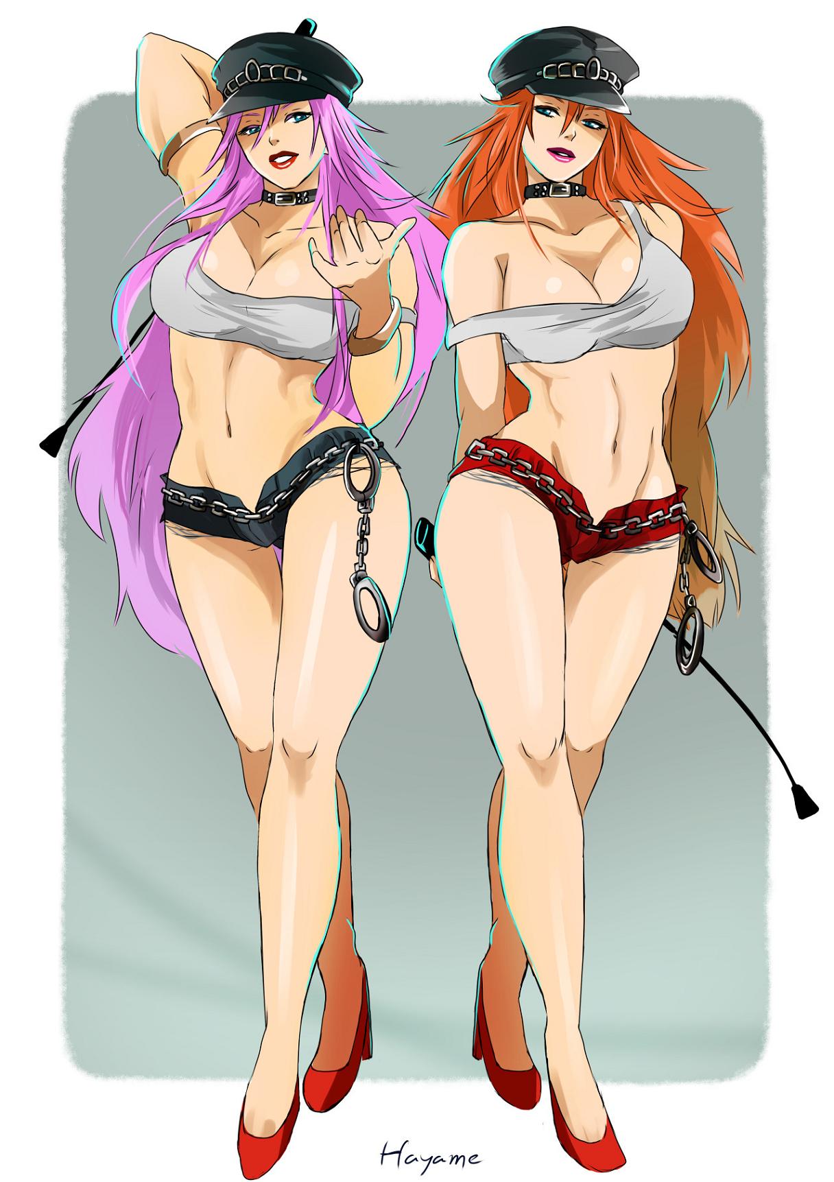 2girls arm_up arms_behind_back blue_eyes bracelet breasts cabbie_hat collar come_hither crossed_legs cuffs final_fight full_body hair_between_eyes handcuffs hat hayame_(m_ayame) high_heels highres jewelry large_breasts legs lipstick long_hair makeup midriff multiple_girls navel off_shoulder open_fly orange_hair pink_hair poison_(final_fight) red_shoes riding_crop roxy shoes short_shorts shorts standing toned very_long_hair