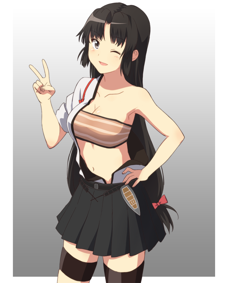 1girl ;d armpits belt black_eyes black_hair black_skirt blush breasts cleavage collarbone commentary_request cowboy_shot gradient gradient_background hair_intakes hand_on_hip japanese_clothes kantai_collection large_breasts long_hair looking_at_viewer low-tied_long_hair mokkei navel off_shoulder one_eye_closed open_mouth parted_lips pleated_skirt shouhou_(kantai_collection) skirt smile solo stomach strapless thigh-highs tubetop v very_long_hair zettai_ryouiki