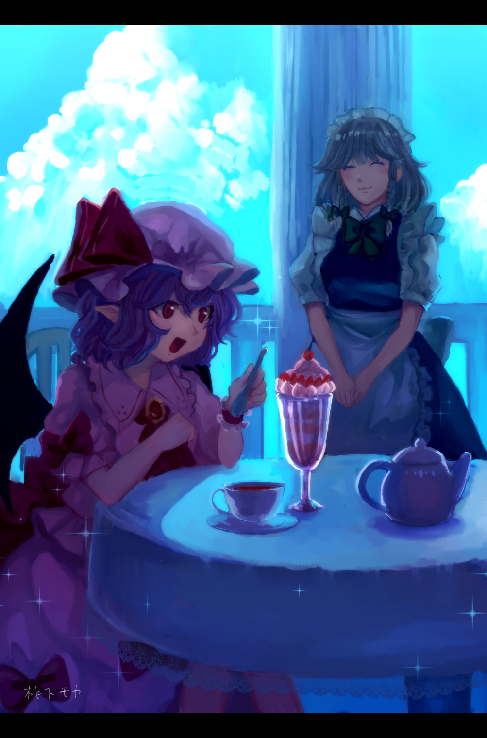 2girls :d apron artist_name balcony bat_wings blue_hair blue_sky braid brooch cherry clouds column cravat cup faux_traditional_media food fruit hair_ribbon hands_together happy hat hat_ribbon highres ice_cream izayoi_sakuya jewelry letterboxed maid_headdress mob_cap mochacot multiple_girls open_mouth parfait pillar pink_blouse pointy_ears railing red_eyes remilia_scarlet ribbon saucer short_hair short_sleeves silver_hair sitting skirt skirt_set sky smile sparkle spoon standing table tablecloth teacup teapot touhou tress_ribbon twin_braids v_arms waist_apron wings wrist_cuffs
