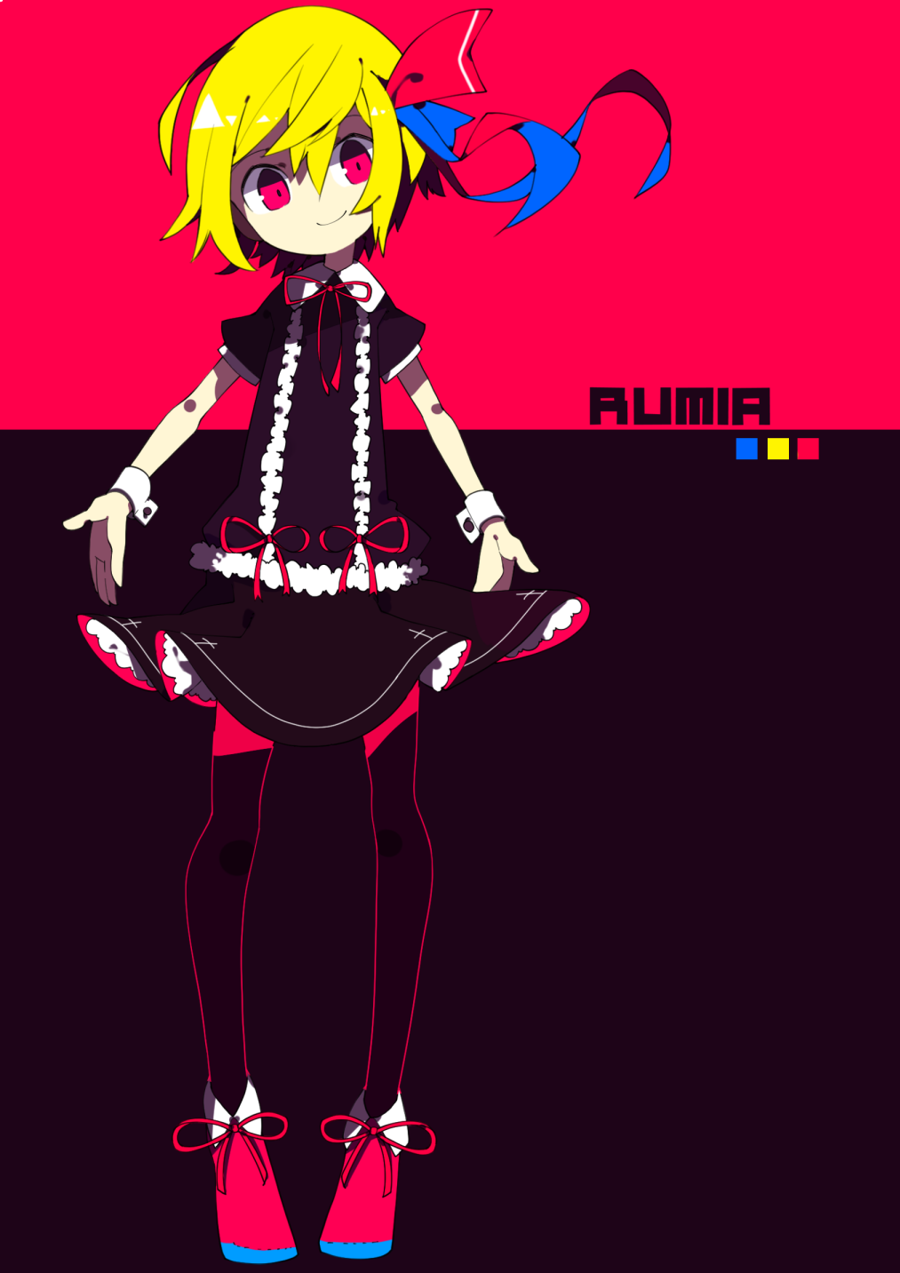 1girl aki_maki_yuu alternate_costume black_dress black_legwear blonde_hair bow character_name commentary_request dress frilled_skirt frills full_body hair_bow hair_ribbon highres looking_at_viewer pantyhose red_background red_bow red_eyes red_ribbon red_shoes ribbon rumia shoes short_dress short_hair short_sleeves skirt smile solo touhou two-tone_background wrist_cuffs