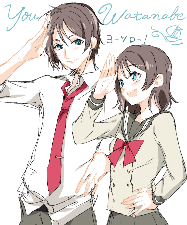 1boy 1girl blue_eyes brown_hair character_name dual_persona genderswap genderswap_(ftm) hand_on_hip love_live! love_live!_sunshine!! necktie open_mouth salute school_uniform serafuku smile sofy watanabe_you