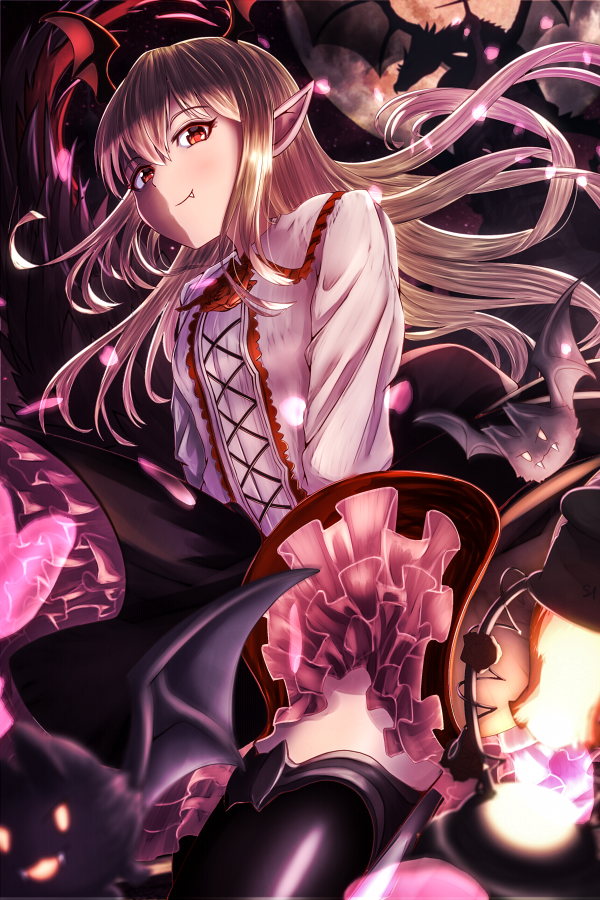 1girl bat bat_wings black_legwear blonde_hair blurry blush closed_mouth commentary_request cowboy_shot depth_of_field dragon fang floating_hair flower frilled_shirt_collar frills from_below granblue_fantasy head_wings long_hair long_sleeves looking_at_viewer looking_down marusan pointy_ears red_eyes red_rose rose shaded_face shingeki_no_bahamut shirt smile solo thigh-highs vampire vampy white_shirt wings