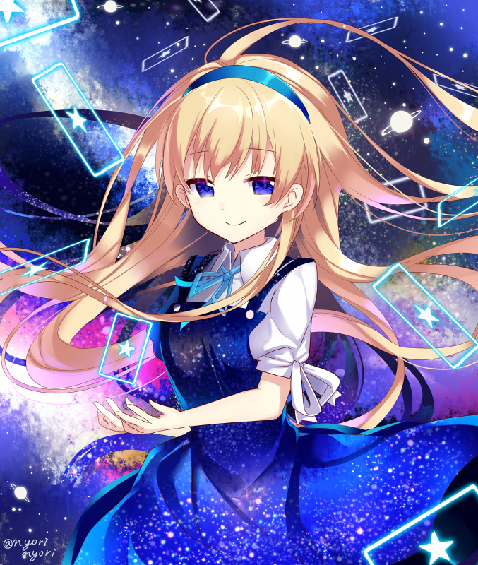 1girl blonde_hair card dress hairband long_hair looking_at_viewer nyori original sky smile space space_print star star_(sky) starry_sky twitter_username violet_eyes