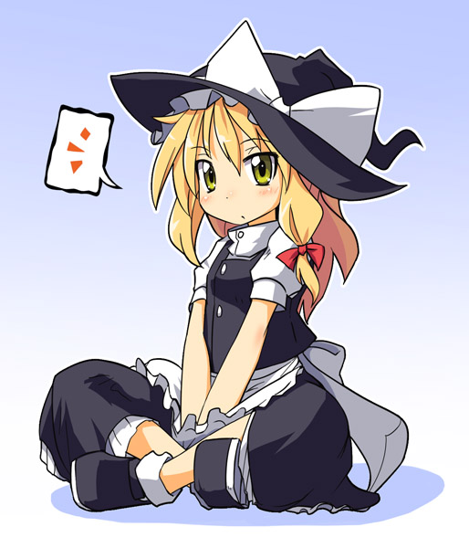 1girl apron blonde_hair blush bow closed_mouth gradient gradient_background green_eyes hair_bow hat hat_bow indian_style kirisame_marisa neki-t sitting solo speech_stab touhou waist_apron witch_hat