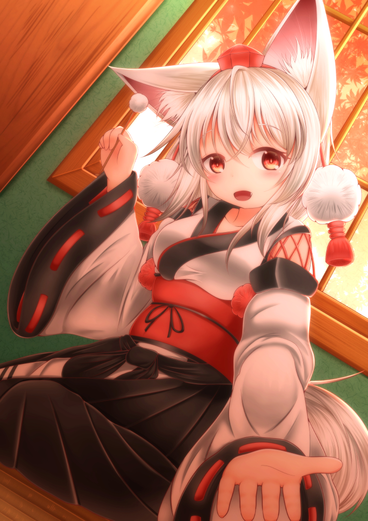 1girl animal_ears detached_sleeves dutch_angle fang from_below hat inubashiri_momiji kourindou_tengu_costume looking_at_viewer mimikaki nyanuki obi open_mouth outstretched_hand pom_pom_(clothes) red_eyes sash short_hair sitting solo sunset tail tokin_hat touhou wariza white_hair window wolf_ears wolf_tail wooden_floor