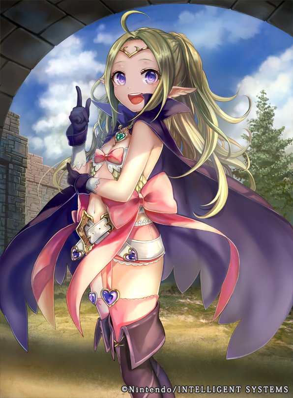 1girl bangs boots cape fire_emblem fire_emblem:_kakusei fire_emblem_cipher flat_chest garter_straps gloves green_hair jewelry long_hair looking_at_viewer midriff navel nowi_(fire_emblem) open_mouth parted_bangs pink_legwear ponytail ribbon short_shorts shorts simple_background smile solo thigh-highs thigh_boots tiara violet_eyes
