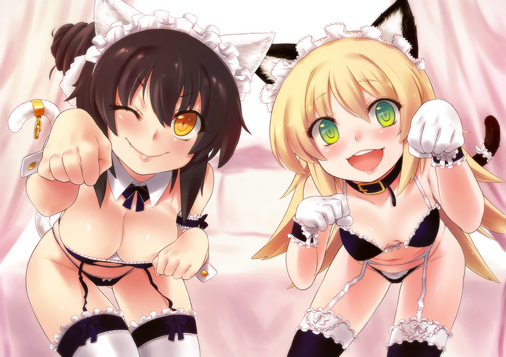 &gt;;) 2girls :d ;) alphy animal_ears armband bangs bare_shoulders bed bent_over bikini black_bikini black_bow black_legwear blonde_hair blurry blush bow bow_legwear breasts brown_hair cat_ears cat_tail chain cleavage closed_mouth collar collarbone curtains depth_of_field detached_collar eyebrows eyebrows_visible_through_hair fang frilled_bikini frilled_legwear frills garter_belt garter_straps gloves green_eyes hair_between_eyes hair_bun indoors leaning_forward lips long_hair maid_headdress medium_breasts multiple_girls navel one_eye_closed open_mouth orange_eyes original paw_pose pillow short_hair sidelocks small_breasts smile swimsuit symmetrical_hand_pose symmetrical_pose symmetry tail tail_ornament tail_ring teeth thigh-highs thigh_gap very_long_hair white_bow white_gloves white_legwear wrist_cuffs