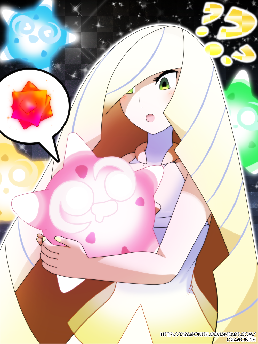 1girl ? bangs bare_arms bare_shoulders blonde_hair blush commentary dragonith dress green_eyes hair_over_one_eye highres holding long_hair lusamine_(pokemon) super_mario_bros. minior minior_(shields_down) multicolored_dress multicolored_hair nail_polish pokemon pokemon_(game) pokemon_sm short_dress sleeveless sleeveless_dress super_mario_galaxy two-tone_hair very_long_hair watermark web_address yellow_nails