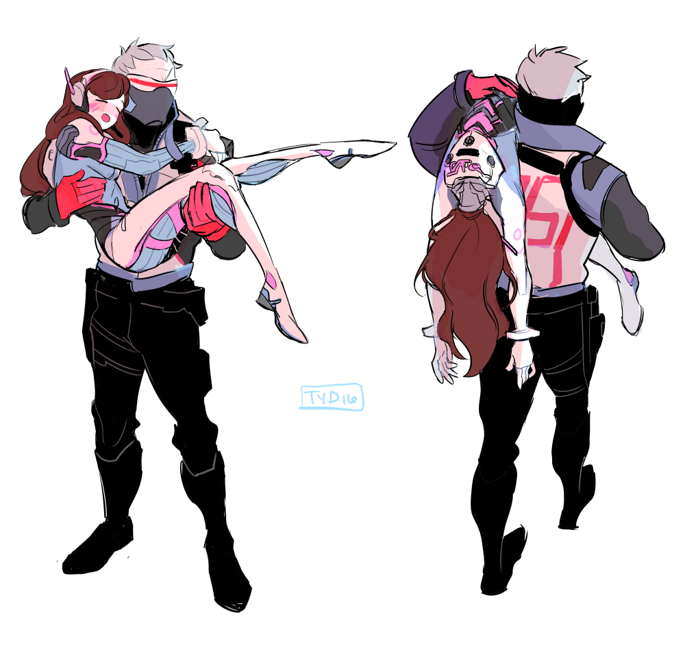1boy 1girl artist_name blush bodysuit boots bracer brown_hair carrying closed_eyes covered_mouth d.va_(overwatch) facepaint facial_mark gloves grey_hair jacket long_hair long_sleeves mask open_mouth overwatch pants princess_carry ribbed_bodysuit short_hair shoulder_carry shoulder_pads simple_background soldier:_76_(overwatch) turtleneck visor whisker_markings white_background white_gloves