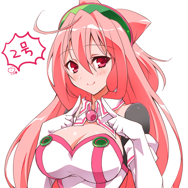 1girl ahoge asio_(asiogimuto) blush breasts cleavage commentary_request detached_collar elbow_gloves gloves hacka_doll hacka_doll_2 large_breasts long_hair looking_at_viewer pink_eyes pink_hair smile solo upper_body white_gloves
