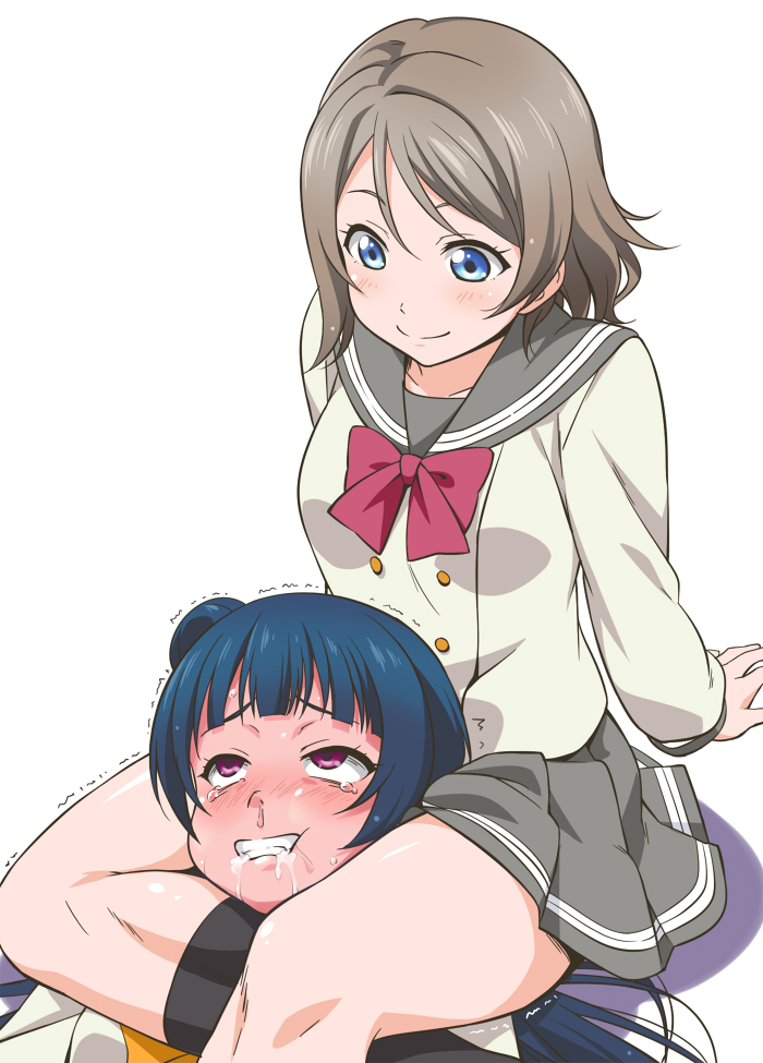 2girls arm_support asphyxiation blue_eyes blue_hair blush brown_hair choke_hold choking clenched_teeth commentary_request foaming_at_the_mouth full-face_blush hair_bun long_hair looking_at_another looking_down love_live! love_live!_sunshine!! multiple_girls rolling_eyes short_hair smile strangling tears teeth trembling triangle_choke tsushima_yoshiko violet_eyes watanabe_you youkan