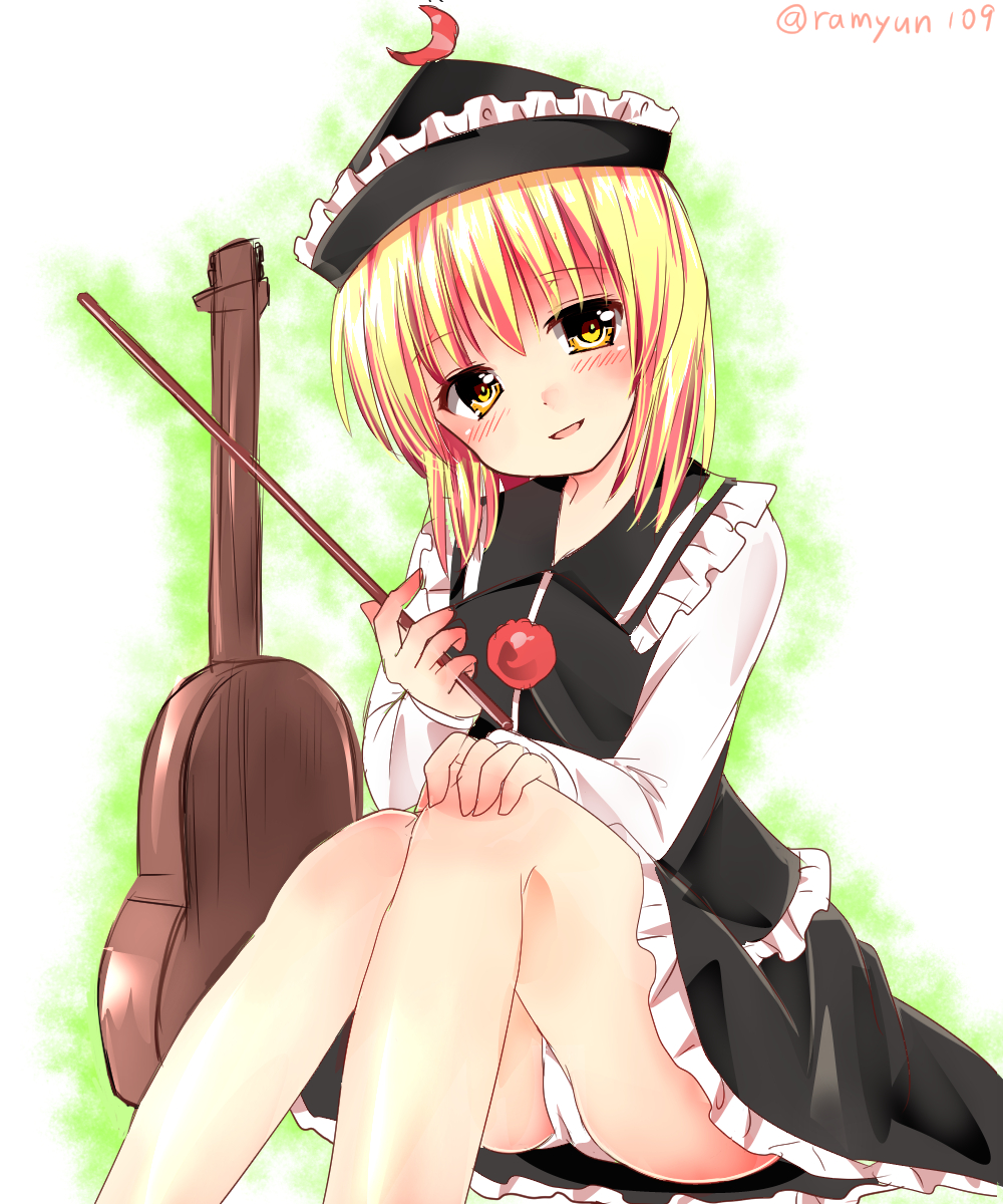 1girl bent_knees black_hat black_shirt black_skirt blonde_hair blush commentary_request crescent frilled_shirt_collar frills hat head_tilt highres instrument long_sleeves looking_at_viewer lunasa_prismriver panties pantyshot pantyshot_(sitting) parted_lips ramudia_(lamyun) shirt short_hair sitting skirt skirt_set smile solo touhou twitter_username underwear violin white_panties yellow_eyes