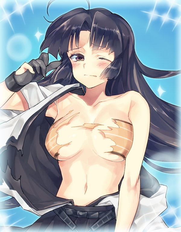 1girl ahoge bandeau black_hair blush breasts brown_eyes japanese_clothes kantai_collection large_breasts long_hair looking_at_viewer navel off_shoulder one_eye_closed shouhou_(kantai_collection) single_bare_shoulder single_glove skirt solo sparkle taki_(nakochan) torn_clothes wince yugake