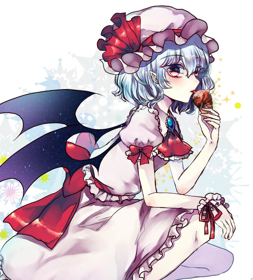 1girl ascot bat_wings blue_hair bow brooch food from_side ginzuki_ringo hat hat_bow ice_cream jewelry licking mob_cap pointy_ears puffy_sleeves red_eyes remilia_scarlet solo squatting touhou wings wrist_cuffs