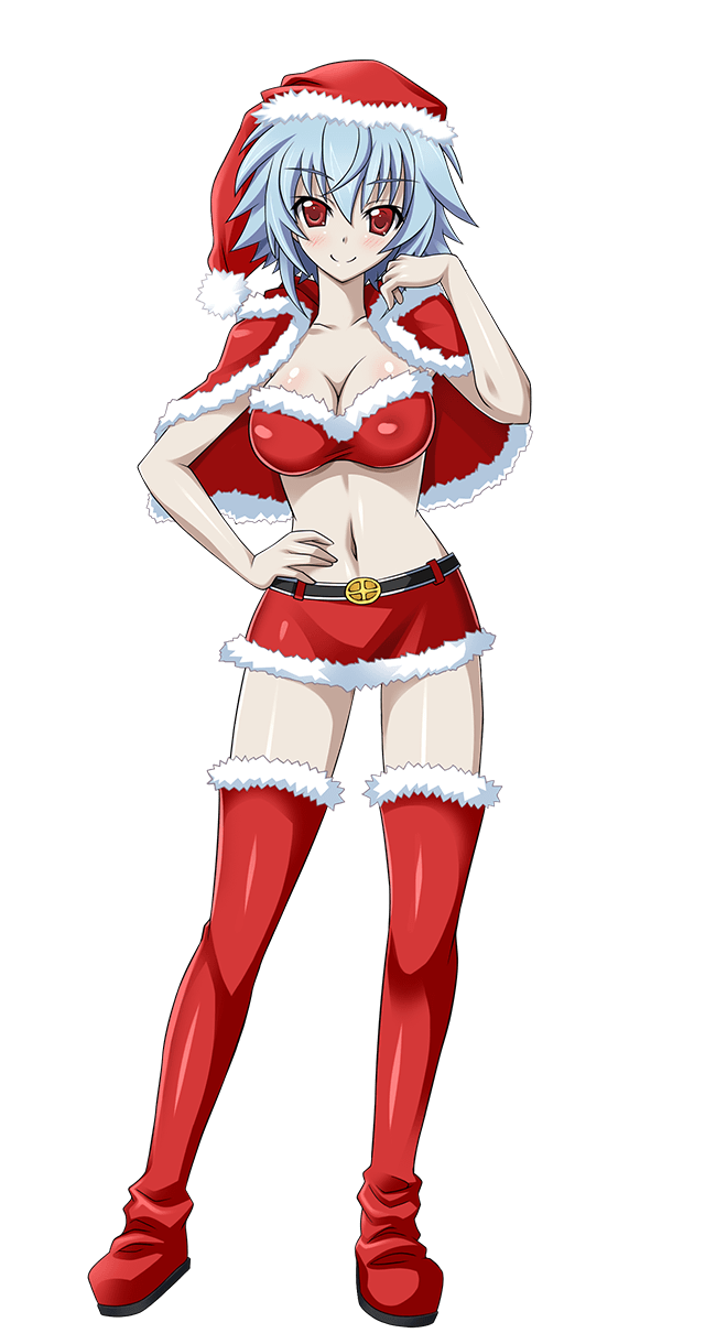 1girl belt blue_hair boots bra breasts capelet cleavage collarbone eyebrows eyebrows_visible_through_hair full_body hand_on_hip hat highres infinite_stratos large_breasts looking_at_viewer microskirt navel red_boots red_bra red_eyes red_hat red_skirt santa_boots santa_costume santa_hat sarashiki_tatenashi shiny shiny_skin short_hair skirt smile solo strapless strapless_bra thigh-highs thigh_boots transparent_background underwear zettai_ryouiki