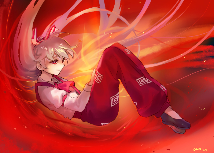 1girl ainy77 arm_garter ascot blush bow closed_mouth commentary_request fetal_position fire floating_hair from_side fujiwara_no_mokou full_body hair_bow juliet_sleeves long_hair long_sleeves looking_away pants puffy_sleeves red_eyes red_pants shirt silver_hair smile solo suspenders touhou very_long_hair white_bow white_shirt