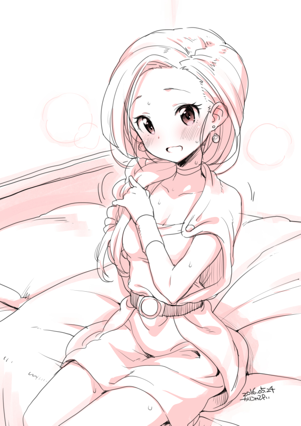 1girl adjusting_hair belt bianca blush braid breasts cape choker cleavage dated dragon_quest dragon_quest_v dress earrings hair_over_shoulder hair_twirling jewelry kanya_pyi long_hair monochrome nervous nervous_smile on_bed open_mouth short_dress signature single_braid sitting sitting_on_bed solo sweat