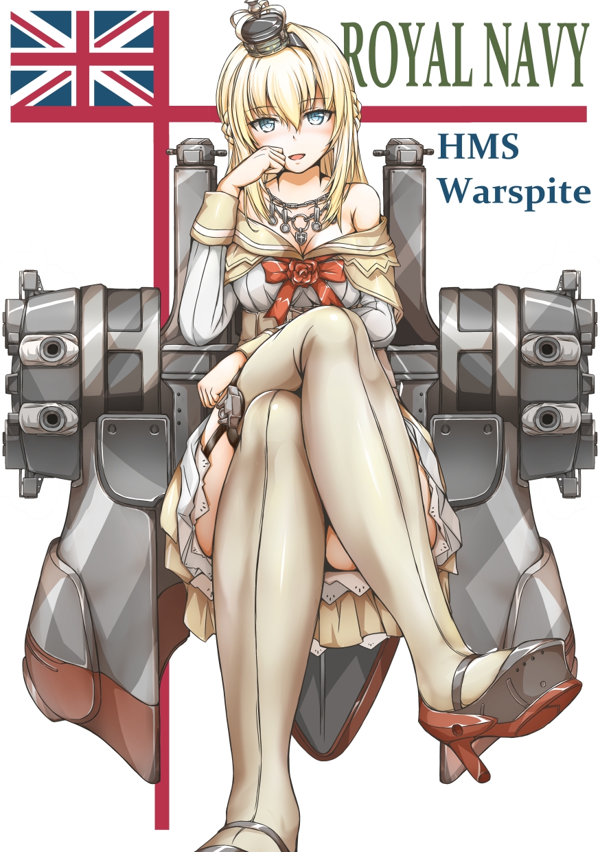1girl bare_shoulders black_shoes blonde_hair blue_eyes blush braid character_name corset crossed_legs crown detached_sleeves dress flag flower french_braid garter_straps hair_between_eyes high_heels highres jewelry kantai_collection long_hair long_sleeves looking_at_viewer mini_crown off-shoulder_dress off_shoulder oku_tamatarou open_mouth red_ribbon red_rose ribbon rose shoes short_dress sitting solo thigh-highs thighs union_jack united_kingdom warspite_(kantai_collection) white_dress white_legwear