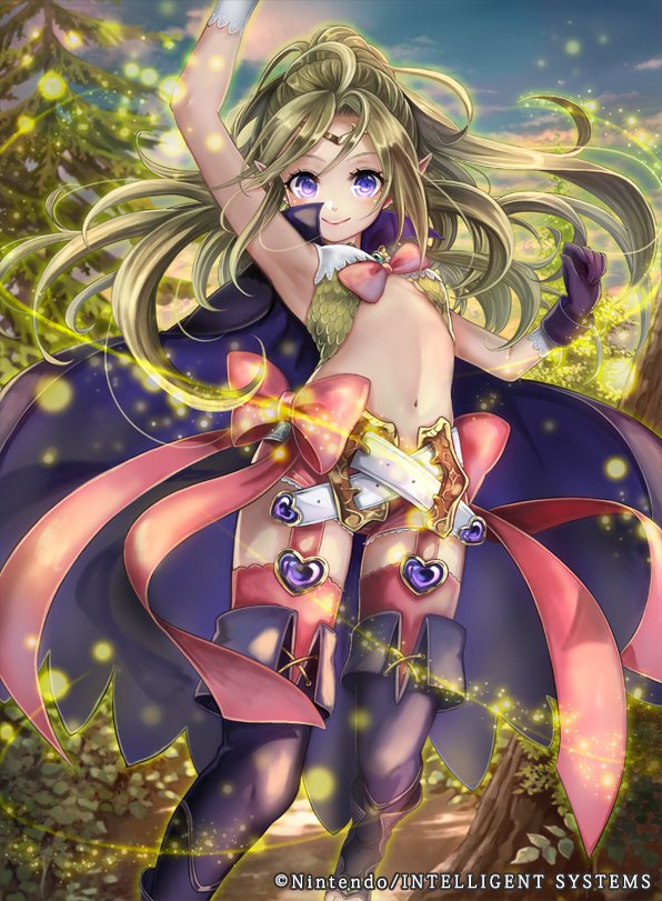 1girl bangs boots cape fire_emblem fire_emblem:_kakusei fire_emblem_cipher flat_chest forest garter_straps gloves green_hair jewelry long_hair looking_at_viewer midriff nature navel nintendo nowi_(fire_emblem) parted_bangs pink_legwear ponytail ribbon short_shorts shorts simple_background smile solo thigh-highs thigh_boots tiara violet_eyes
