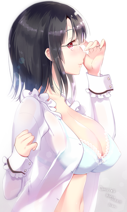 1girl bespectacled black_hair blouse bra breasts cleavage from_side glasses hayakawa_akari kantai_collection lace lace-trimmed_bra large_breasts lens_flare looking_at_viewer looking_to_the_side midriff navel open_blouse open_clothes profile see-through short_hair smile solo takao_(kantai_collection) underwear upper_body white_blouse white_bra wrist_cuffs