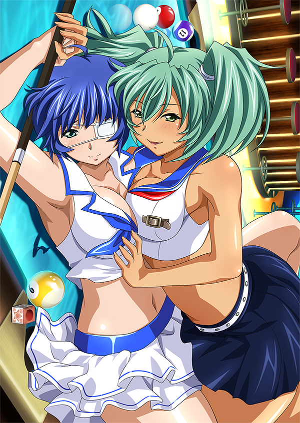 2girls armpits belt black_skirt blue_hair breast_press breasts cleavage collarbone eyebrows eyebrows_visible_through_hair eyepatch frilled_skirt frills green_eyes green_hair hair_between_eyes hair_ornament ikkitousen large_breasts lying medical_eyepatch midriff multiple_girls navel on_back pleated_skirt ryofu_housen ryomou_shimei shirt short_hair short_twintails sideboob skirt smile twintails white_shirt white_skirt yuri