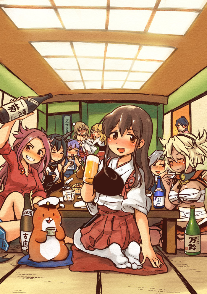 6+girls :3 :d akagi_(kantai_collection) alcohol arm_support bandages bare_legs barefoot beer black_eyes black_gloves black_hair black_vest blue_skirt blue_swimsuit blush blush_stickers bottle breasts brown_eyes brown_hair budget_sarashi ceiling_light character_name character_request chopsticks cleavage closed_eyes closed_mouth collar collared_shirt commentary_request covered_navel cup dark_skin drinking_glass drunk elbow_gloves fingerless_gloves flying_sweatdrops full-face_blush full_body glasses gloves grin hairband hamster hand_on_own_cheek hat head_rest headband holding holding_cup houshou_(kantai_collection) i-19_(kantai_collection) ice ice_cube indoors japanese_clothes jug jun'you_(kantai_collection) kantai_collection kimono kirisawa_juuzou long_sleeves looking_at_viewer medium_breasts multiple_girls muneate musashi_(kantai_collection) nagato_(kantai_collection) name_tag non-human_admiral_(kantai_collection) one-piece_swimsuit open_mouth painting_(object) parted_lips peaked_cap pillow plate pleated_skirt pola_(kantai_collection) purple_hair red_shirt red_skirt rimless_glasses sake sake_bottle sarashi school_swimsuit scroll seiza shirt short_hair short_sleeves silver_hair sitting skirt sleeves_folded_up sleeves_past_elbows smile soles spread_legs swimsuit table tatami teeth thigh-highs topless twintails violet_eyes white_hat white_legwear white_shirt wing_collar zara_(kantai_collection)