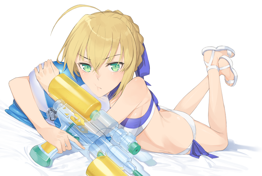 1girl :t ahoge ball bare_arms bare_legs bare_shoulders beachball blonde_hair blue_ribbon blush breasts butt_crack closed_mouth fate/grand_order fate_(series) foreshortening full_body green_eyes hair_between_eyes hair_ribbon hayashi_kewi legs_up looking_at_viewer lying no_socks on_stomach pout ribbon saber short_hair simple_background small_breasts swimsuit trigger_discipline water_gun white_background