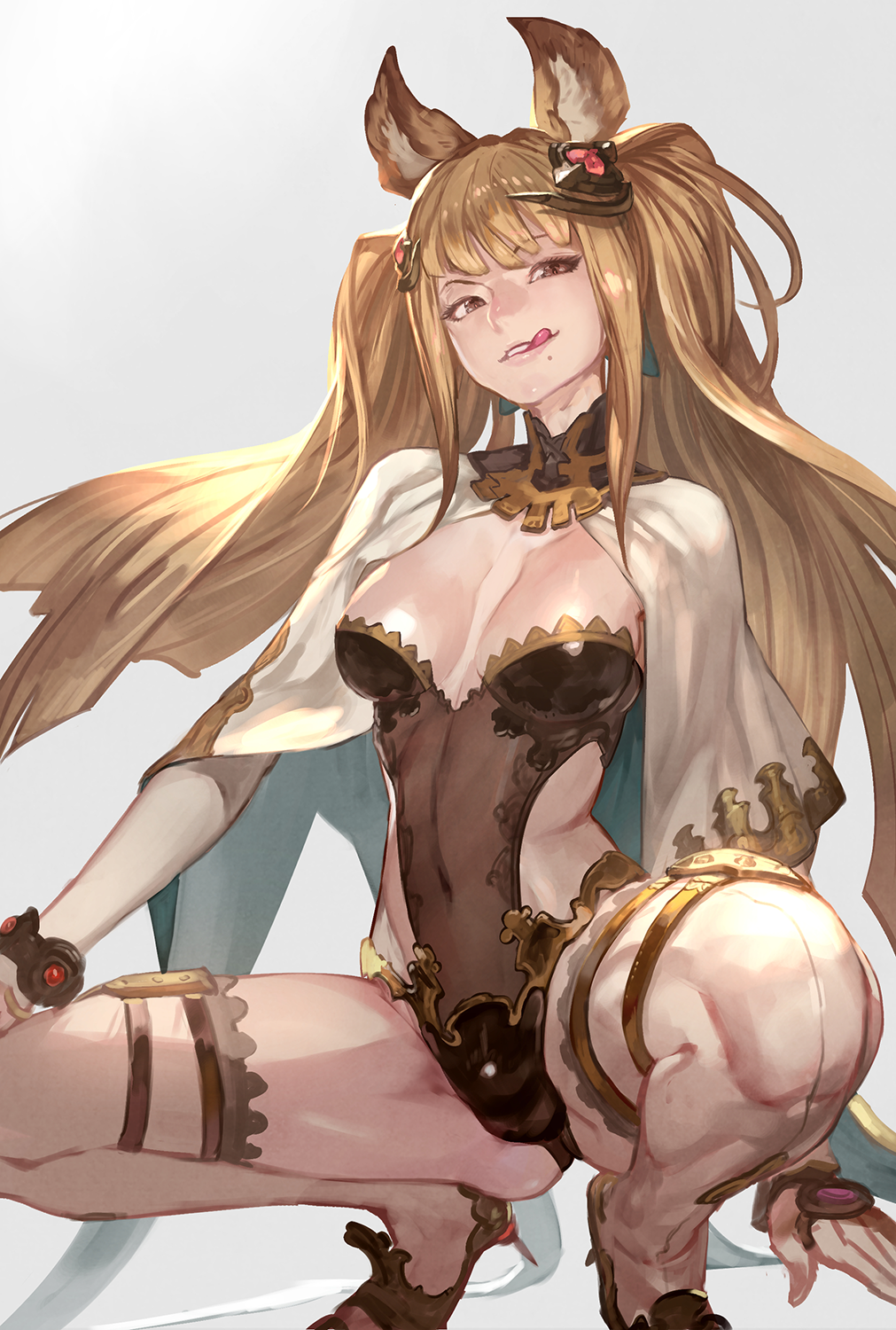 1girl :q animal_ears arm_warmers bangs black_leotard blunt_bangs breasts brown_eyes brown_hair cape cleavage collar fox_ears granblue_fantasy grey_background head_tilt headgear highres lack legs_apart leotard long_hair looking_at_viewer medium_breasts metella_(granblue_fantasy) mole mole_under_mouth parted_lips sidelocks simple_background skin_tight squatting strapless strapless_leotard teeth thigh-highs tongue tongue_out twintails very_long_hair white_cape white_legwear