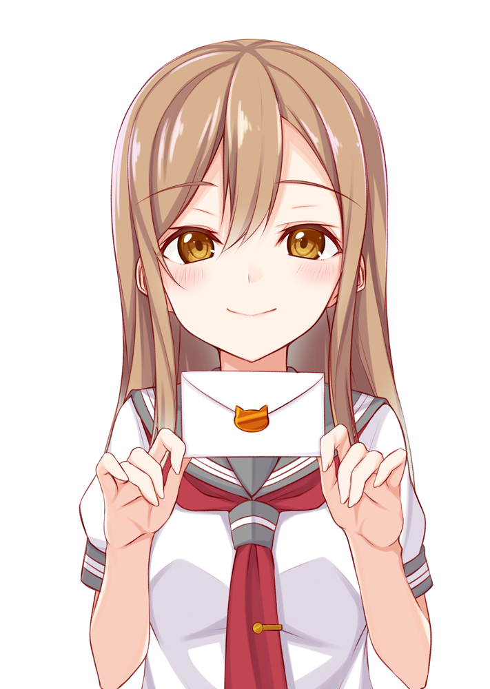 1girl bangs blush brown_eyes brown_hair envelope eyebrows eyebrows_visible_through_hair fuji_yoshida hair_between_eyes holding holding_envelope kunikida_hanamaru long_hair looking_at_viewer love_live! love_live!_sunshine!! neckerchief school_uniform serafuku short_sleeves simple_background smile solo tie_clip upper_body white_background