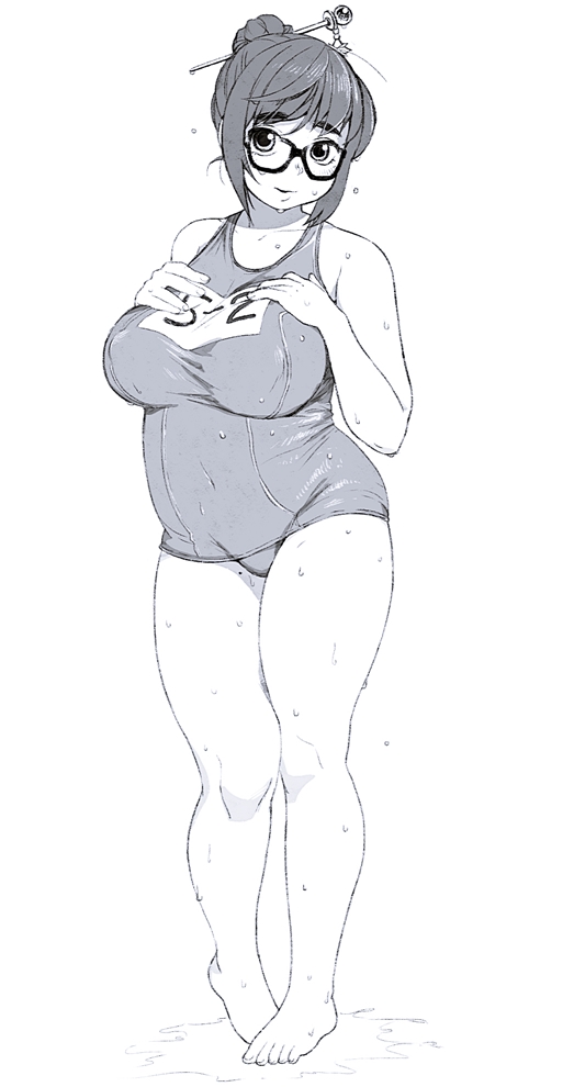 1girl breast_suppress breasts eyebrows glasses greyscale hair_bun hair_ornament hair_stick large_breasts mei_(overwatch) monochrome overwatch plump school_swimsuit solo standing swimsuit thick_eyebrows thomas_hewitt wet