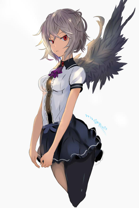 1girl alternate_costume ascot asymmetrical_legwear black_skirt black_wings breasts brooch closed_mouth commentary cowboy_shot dress_shirt feathered_wings from_side houdukixx jewelry kishin_sagume looking_at_viewer medium_breasts miniskirt pantyhose puffy_sleeves red_eyes shirt short_hair silver_hair single_wing skirt solo touhou white_background white_shirt wings
