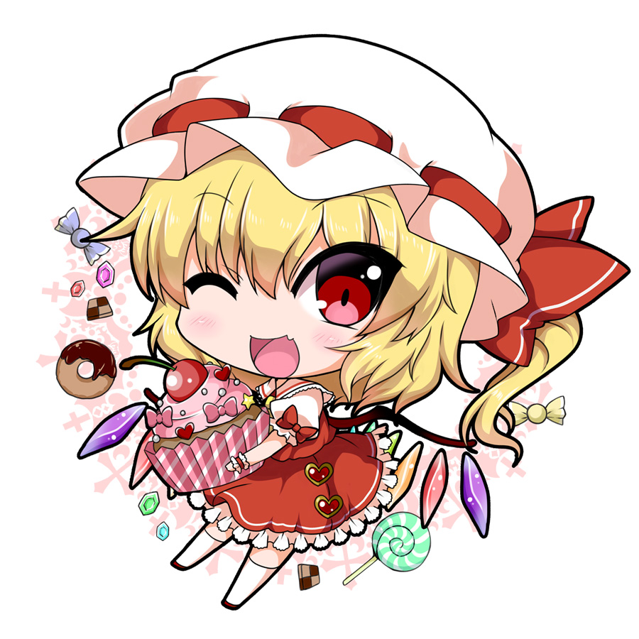 1girl :d blonde_hair candy checkerboard_cookie cherry chibi chocolate_doughnut cookie cupcake doily doughnut fang flandre_scarlet food frilled_skirt frills fruit hat hat_ribbon heart kneehighs lollipop looking_at_viewer mob_cap noai_nioshi one_eye_closed open_mouth puffy_short_sleeves puffy_sleeves red_eyes ribbon short_hair short_sleeves side_ponytail simple_background skirt skirt_set smile solo touhou white_background white_legwear wings wrist_cuffs