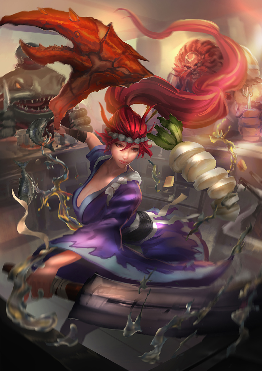1boy 1girl akali alternate_costume alternate_hair_color butter cglas cooking facial_hair fish fork gragas hairband hat indoors knife league_of_legends lobster_claw long_hair motion_blur open_mouth ponytail purple_clothes radish red_eyes redhead sashimi_akali standing tahm_kench very_long_hair wide_sleeves yellow_sclera