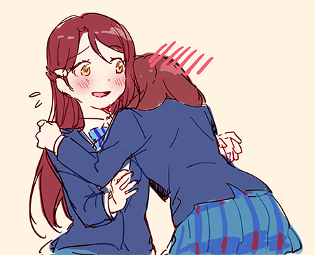 2girls blush buccho_(bucchoco) hug love_live! love_live!_school_idol_project love_live!_sunshine!! lowres multiple_girls nishikino_maki open_mouth purple_hair redhead sakurauchi_riko school_uniform sketch smile yuri