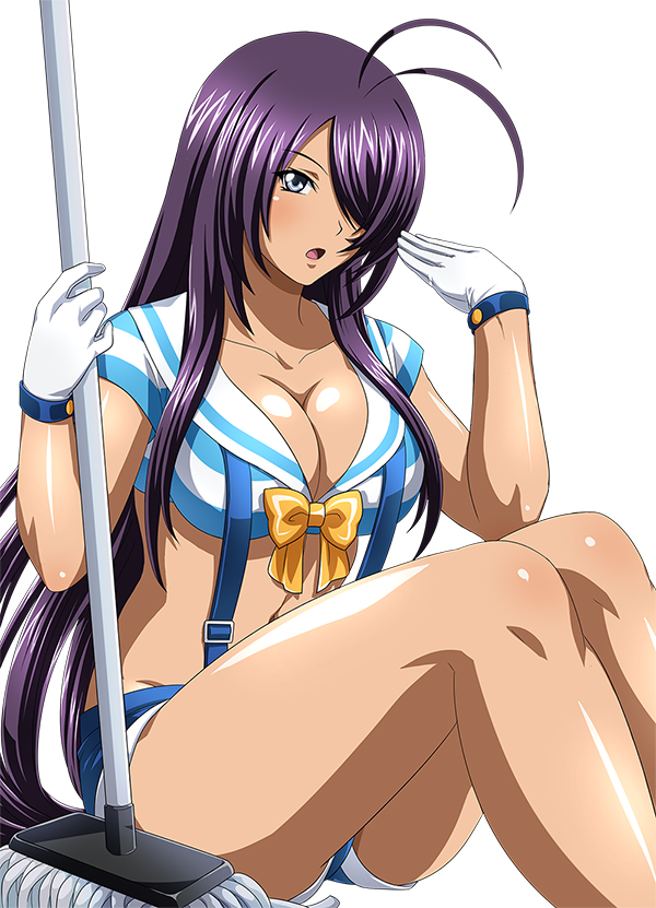 1girl breasts cleavage collarbone gloves grey_eyes hair_over_one_eye ikkitousen kan'u_unchou large_breasts long_hair open_mouth purple_hair shorts simple_background sitting solo white_background white_gloves