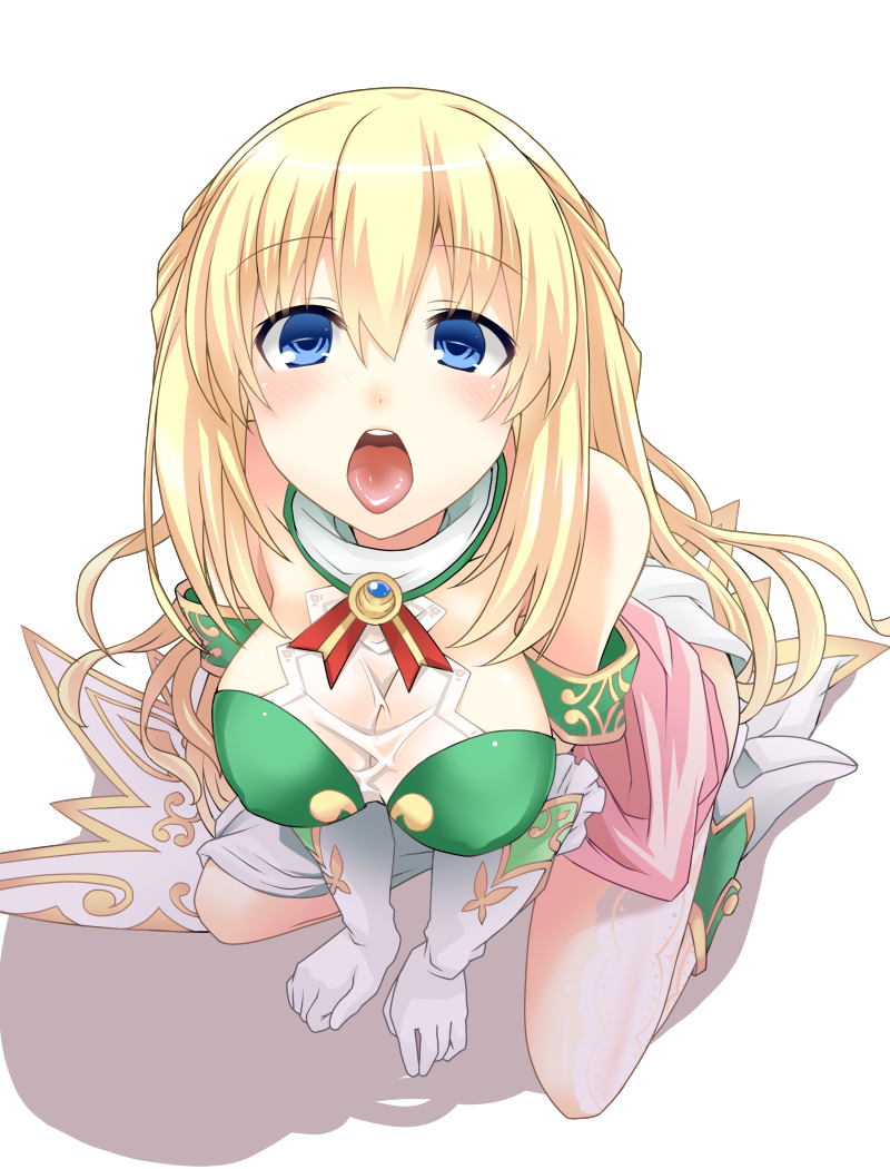 1girl blonde_hair blue_eyes blush breasts cleavage closed_eyes long_hair looking_at_viewer neptune_(series) open_mouth shinjitsu_(true_ride) sitting solo tongue tongue_out vert wariza