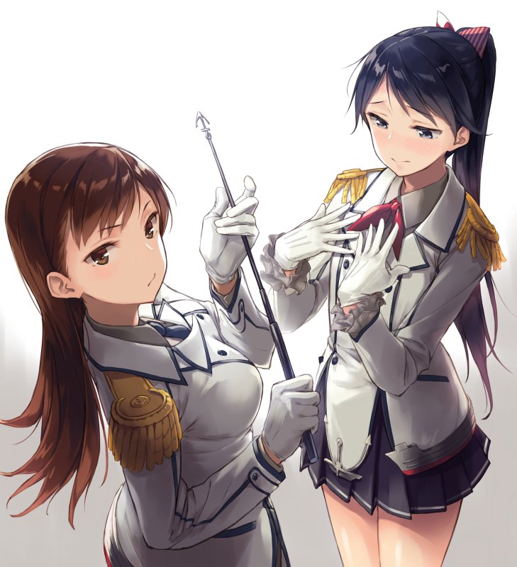 2girls alternate_costume blue_eyes blue_hair blush breasts brown_eyes brown_hair buttons collared_shirt cosplay double-breasted epaulettes flat_chest gloves houshou_(kantai_collection) jacket kantai_collection kashima_(kantai_collection) kashima_(kantai_collection)_(cosplay) katori_(kantai_collection) katori_(kantai_collection)_(cosplay) kerchief large_breasts long_hair long_sleeves looking_at_viewer military military_uniform miniskirt multiple_girls necktie ooi_(kantai_collection) pleated_skirt pointer ponytail riding_crop shirt skirt uniform white_background white_gloves yomo_(majidon)