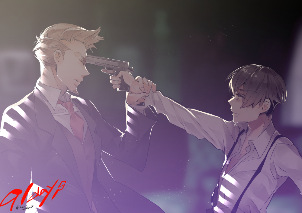 2boys 91_days avilio_bruno brown_hair closed_eyes copyright_name edoya_pochi facial_hair formal gun_to_head holding_arm light looking_at_another male_focus multiple_boys necktie nero_vanetti profile standing suit suspenders twitter_username unbuttoned