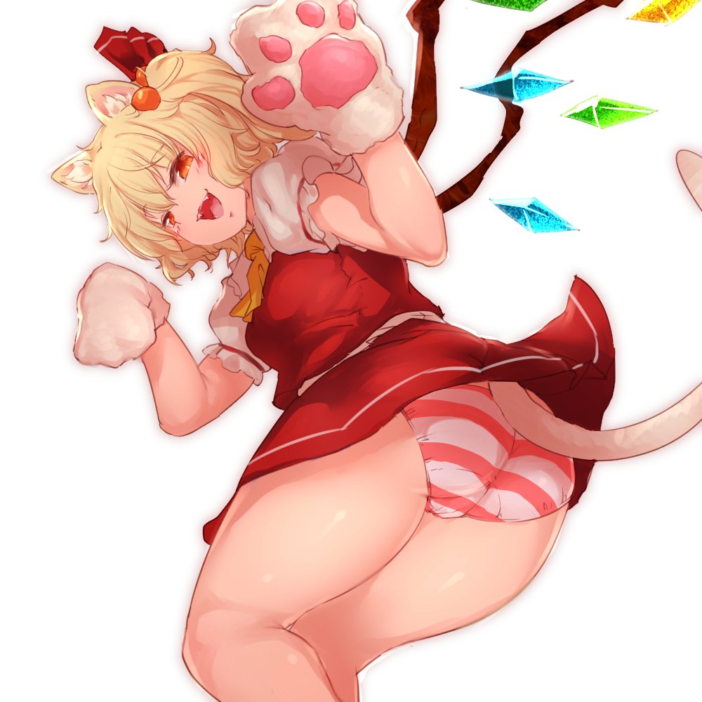 1girl animal_ears ascot ass blonde_hair bow cat_ears cat_tail dress_shirt eyebrows eyebrows_visible_through_hair fangs flandre_scarlet frilled_sleeves frills from_behind gloves hair_bobbles hair_bow hair_ornament hands_up kemonomimi_mode legs_together looking_at_viewer looking_back miniskirt no_hat no_headwear open_mouth panties paw_gloves paw_pose puffy_short_sleeves puffy_sleeves red_bow red_skirt red_vest sekiyu_(spartan) shirt short_sleeves side_ponytail skirt skirt_set solo striped striped_panties tail thighs tongue touhou underwear upskirt vest white_shirt wings