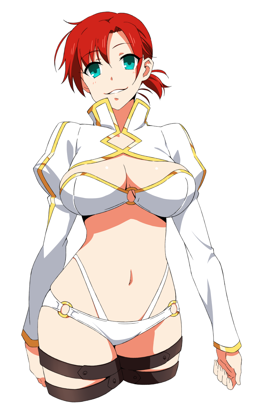 1girl akitetsu boudica_(fate/grand_order) breasts cleavage commentary_request cropped_legs fate/grand_order fate_(series) green_eyes grin highres juliet_sleeves large_breasts long_sleeves midriff navel o-ring_bottom o-ring_top ponytail puffy_sleeves redhead short_hair skindentation smile solo transparent_background