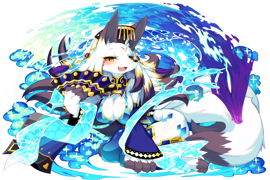 1girl animal_ears black_hair blonde_hair blush breasts cleavage daji detached_sleeves facial_mark fan fang forehead_mark fullbokko_heroes furry hat holding kishibe large_breasts multicolored_hair official_art open_mouth slit_pupils solo tail white_background yellow_eyes