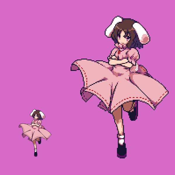 1girl animal_ears bunny_tail commentary dress inaba_tewi jewelry oshouyu_tabetai pendant pink_background pink_dress pixel_art rabbit_ears solo tail touhou urban_legend_in_limbo