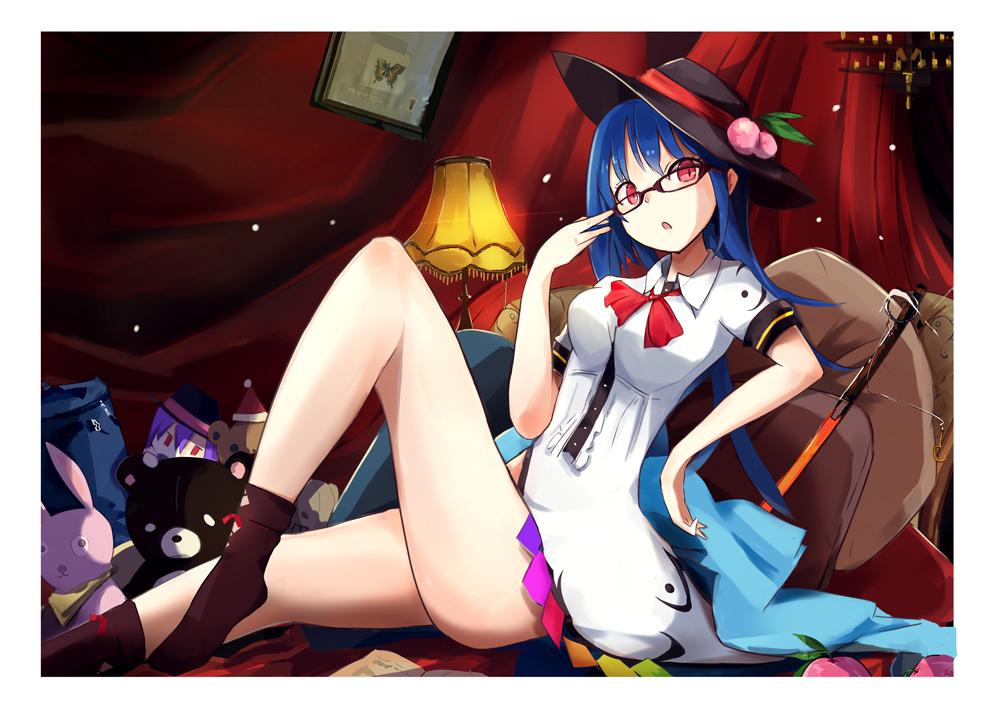 1girl adjusting_glasses bangs bare_legs bespectacled black-framed_eyewear black_hat black_legwear blouse blue_hair bottomless bow collared_shirt commentary_request curtains doll food fruit glasses hat hinanawi_tenshi lamp large_bow long_hair looking_at_viewer nagae_iku neck_ribbon no_shoes open_mouth peach red_eyes red_ribbon ribbon santa_hat shirt short_sleeves sitting socks solo stuffed_animal stuffed_bunny stuffed_toy sword_of_hisou teddy_bear tetsurou_(fe+) touhou white_blouse