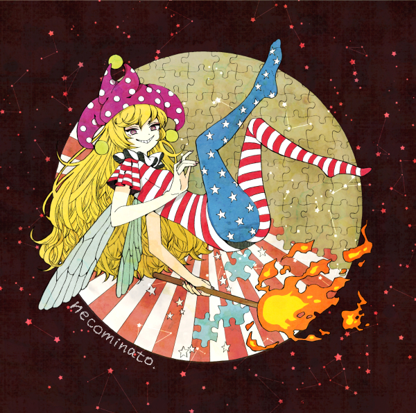 1girl american_flag_legwear american_flag_shirt blonde_hair clownpiece constellation fairy_wings fire full_body grin hat jester_cap jigsaw_puzzle long_hair looking_at_viewer pantyhose print_legwear puzzle shirt short_sleeves smile solo star striped takanashi_minato teeth touhou wings