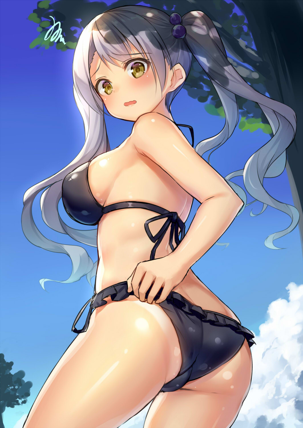1girl alexmaster ass bare_arms bare_shoulders bikini black_bikini blue_sky blush breasts clouds covered_nipples cowboy_shot day embarrassed female frilled_bikini frills from_behind hair_bobbles hair_ornament highres looking_at_viewer looking_back medium_breasts original outdoors plant shiny shiny_skin sideboob silver_hair sky solo squiggle standing swimsuit tan tanline tareme thighs tree wavy_mouth yellow_eyes